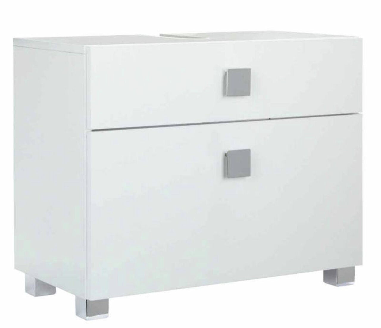 Zurbrüggen Waschbeckenunterschrank QUADRA Moderner weißer Waschbeckenunterschrank mit zwei Schubladen und quadratischen Griffen, seitliche Perspektive