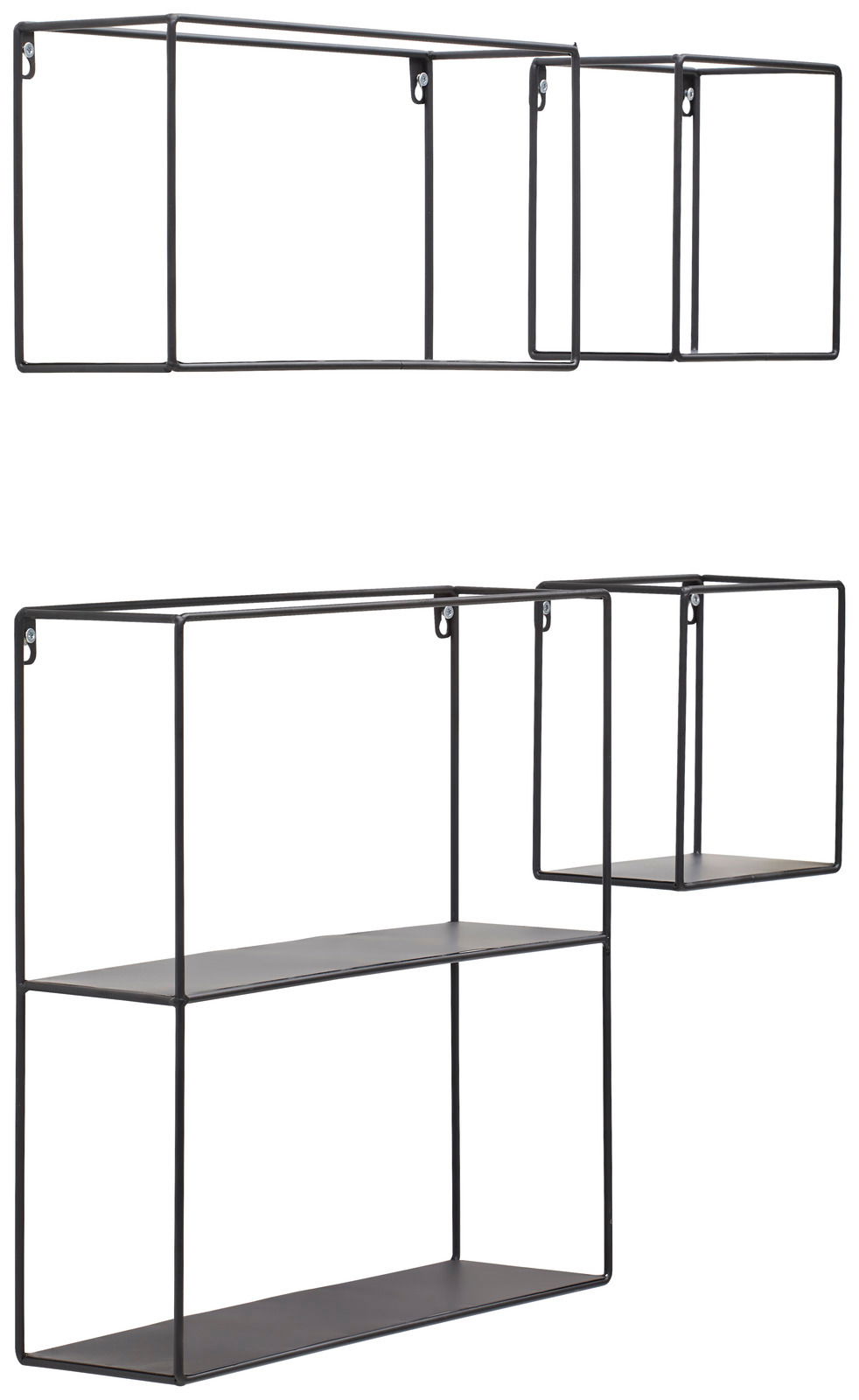 Modernes 4-teiliges Wandregal-Set aus schwarzem Metall, seitliche Perspektive