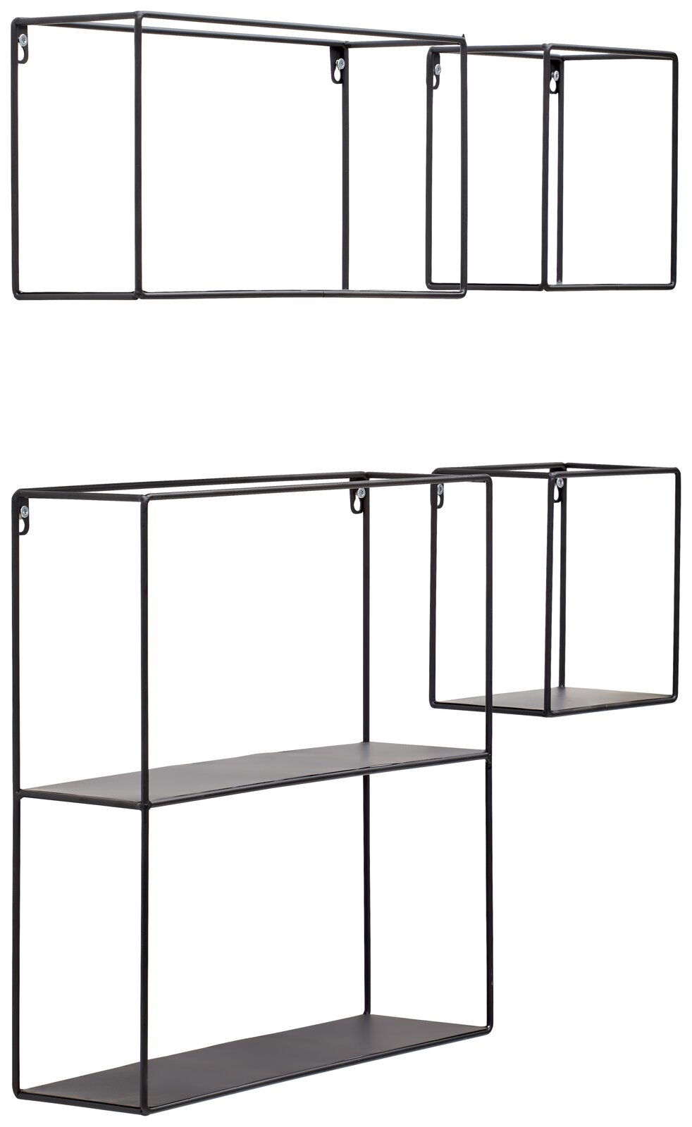 Modernes 4-teiliges Wandregal-Set aus schwarzem Metall, seitliche Perspektive