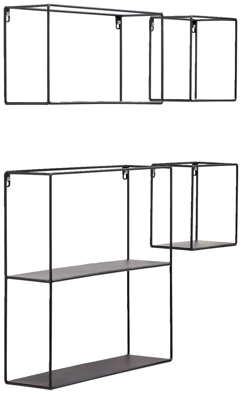 XORA Wandrek, set van 4 CINDY Modernes 4-teiliges Wandregal-Set aus schwarzem Metall, seitliche Perspektive