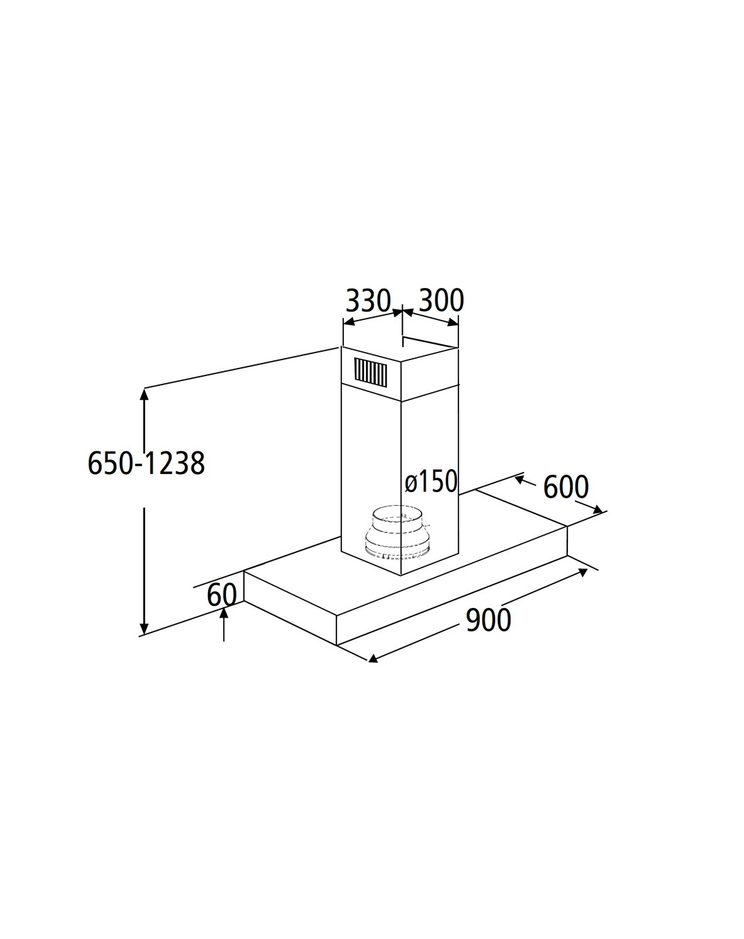 Technische isometrische Zeichnung einer Küchen-Dunstabzugshaube mit Kamin auf Grundplatte, Maße 900 x 600 mm, Höhe 650–1238 mm, Kamin 330/300 mm, Abluftanschluss Ø150, Ansicht in isometrischer Perspektive schräg von vorn oben.