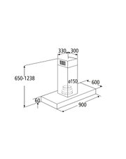 Technische isometrische Zeichnung einer Küchen-Dunstabzugshaube mit Kamin auf Grundplatte, Maße 900 x 600 mm, Höhe 650–1238 mm, Kamin 330/300 mm, Abluftanschluss Ø150, Ansicht in isometrischer Perspektive schräg von vorn oben.