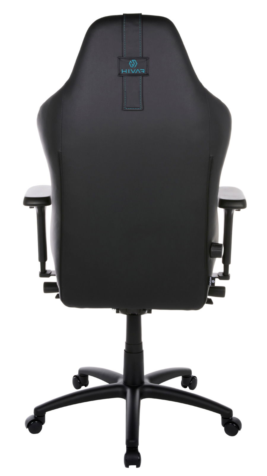 Rückansicht eines schwarzen Gaming-Stuhls mit blauen Nähten und Logo auf der Rückenlehne.