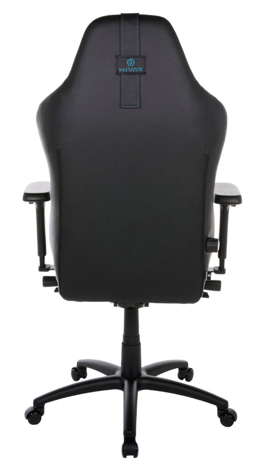 Rückansicht eines schwarzen Gaming-Stuhls mit blauen Nähten und Logo auf der Rückenlehne.