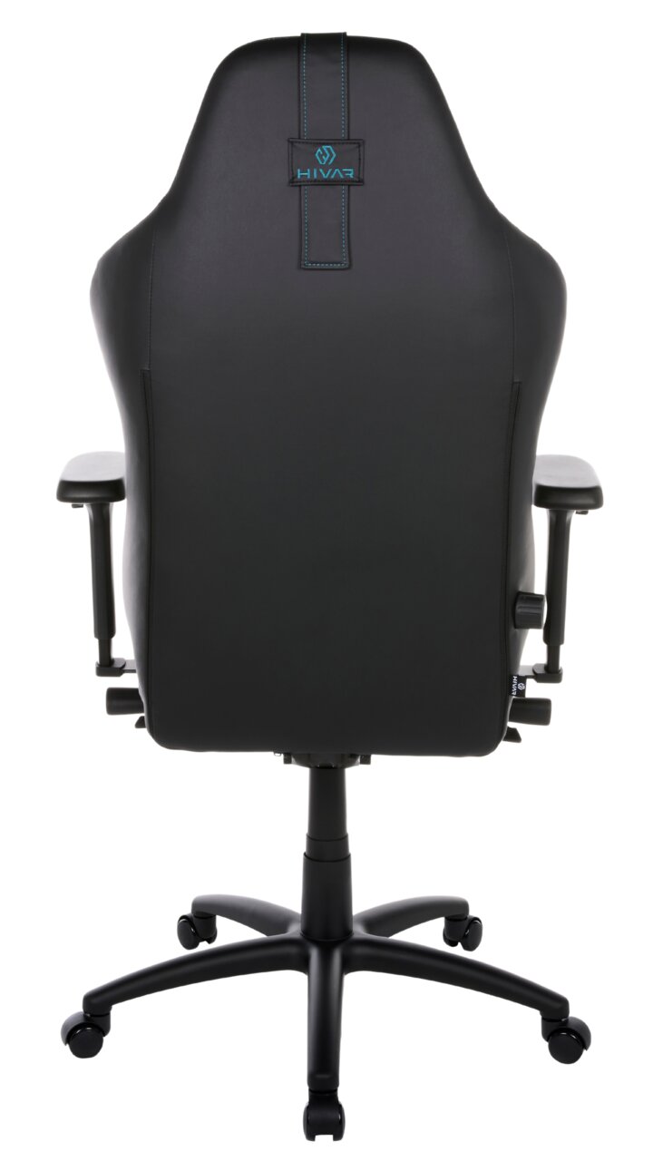 Rückansicht eines schwarzen Gaming-Stuhls mit blauen Nähten und Logo auf der Rückenlehne.