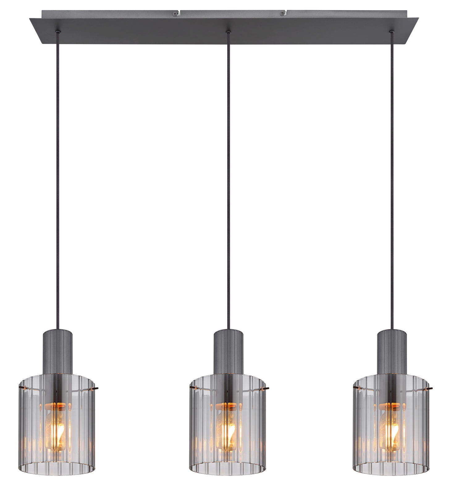 Dreiflammige Hängeleuchte TULIVAR mit transparenten Glasschirmen, frontal betrachtet.