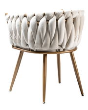 Rückansicht eines Sessels mit geflochtenem, cremefarbenem Stoff und goldenen Metallbeinen.