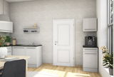 Moderne Küche mit Unterschrank JAZZ, graue Fronten, schwarze Arbeitsplatte, Perspektive von vorne.