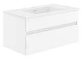 Weiße Badkombination mit Waschbecken und zwei Schubladen, seitliche Perspektive