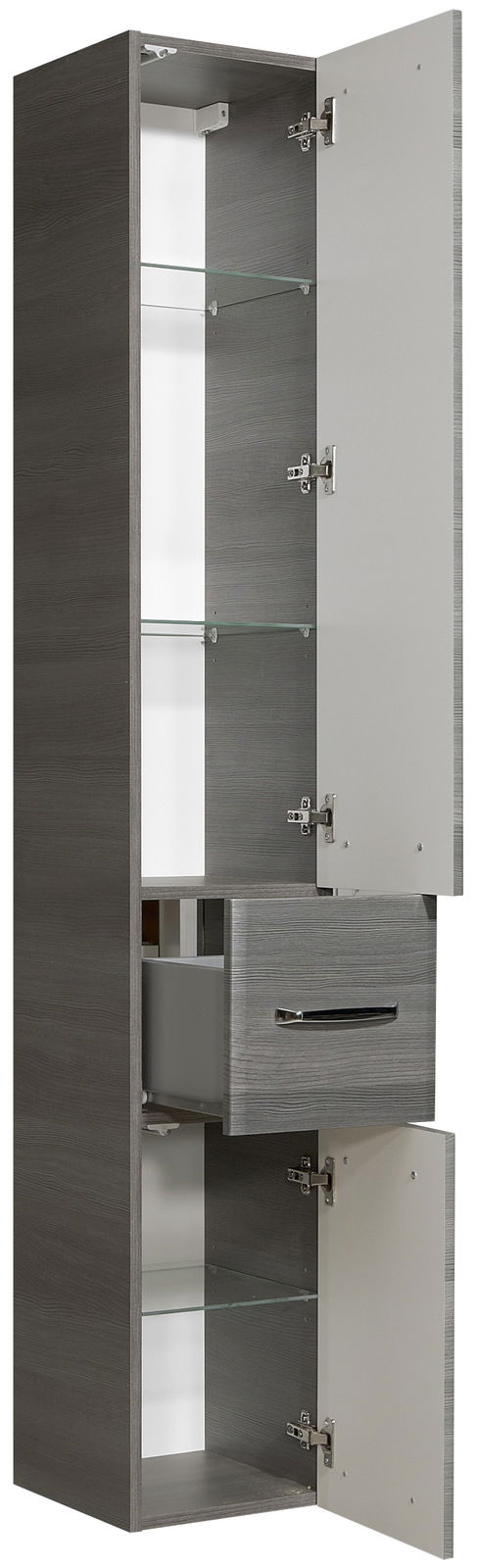 Hochschrank mit geöffneten Türen und Schublade, Ansicht von vorne