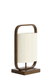 Moderne tafellamp met donker houtlook frame en crèmekleurige, met koord beklede cilindervormige kap, schuin van voren gezien op een witte achtergrond