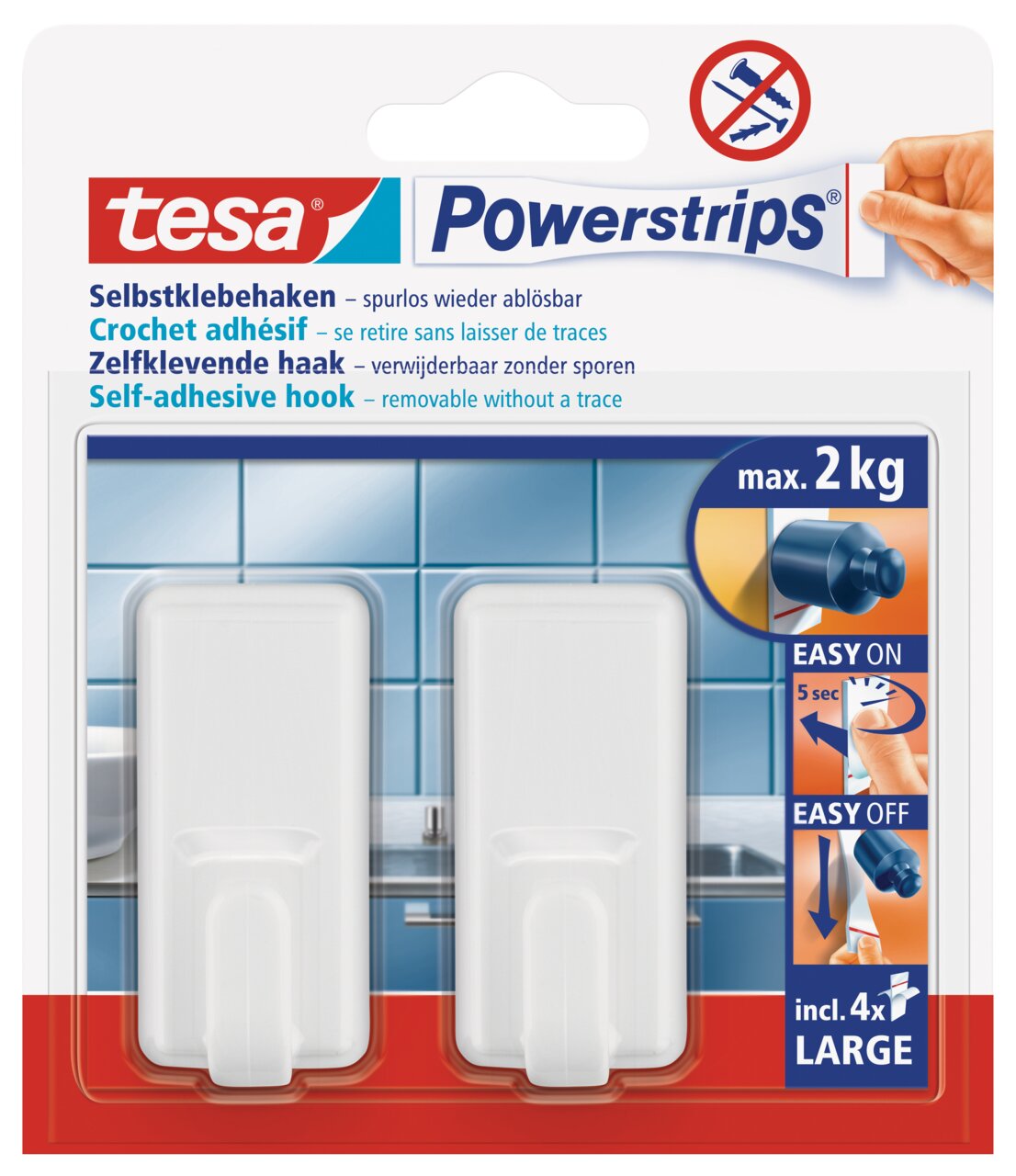 Verpackung von tesa Powerstrips Haken Large, zwei weiße selbstklebende Haken, geeignet für bis zu 2 kg, ablösbar ohne Rückstände, Vorderansicht