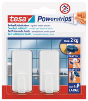 Verpackung von tesa Powerstrips Haken Large, zwei weiße selbstklebende Haken, geeignet für bis zu 2 kg, ablösbar ohne Rückstände, Vorderansicht