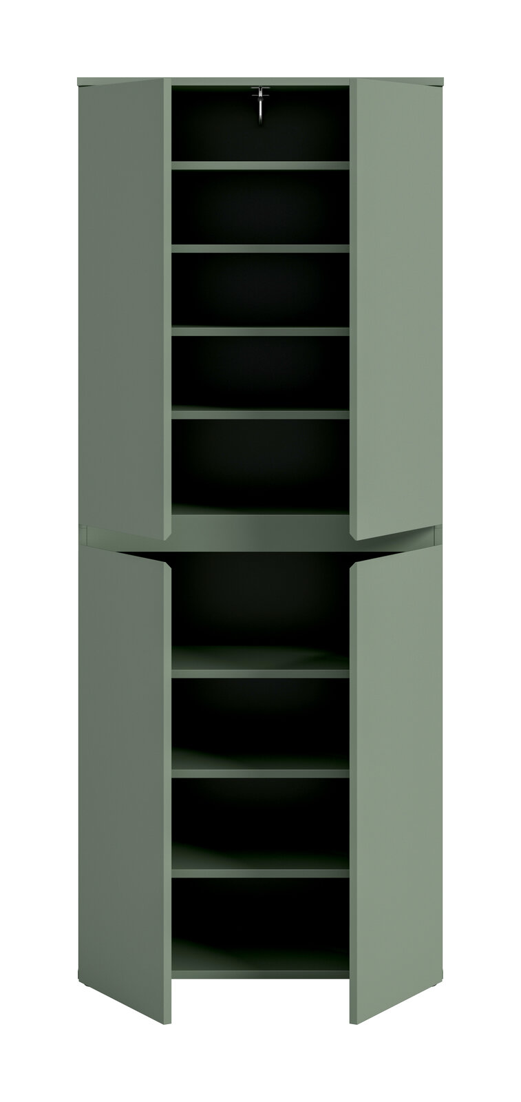 Offener, hoher Eckschrank in mattem Salbeigrün mit mehreren Einlegeböden und zwei Türen oben und unten, Frontansicht