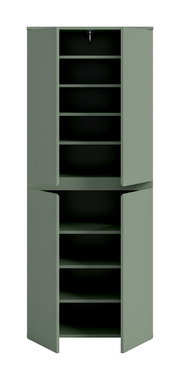 Offener, hoher Eckschrank in mattem Salbeigrün mit mehreren Einlegeböden und zwei Türen oben und unten, Frontansicht