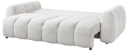 Weißes Funktionssofa in seitlicher Perspektive mit abgerundeten Armlehnen und gepolstertem Design.