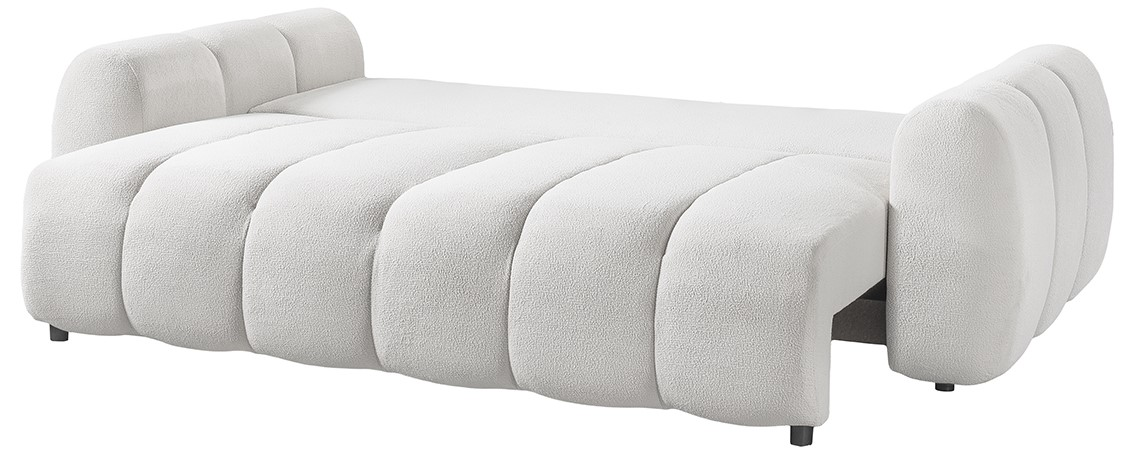 Weißes Funktionssofa in seitlicher Perspektive mit abgerundeten Armlehnen und gepolstertem Design.