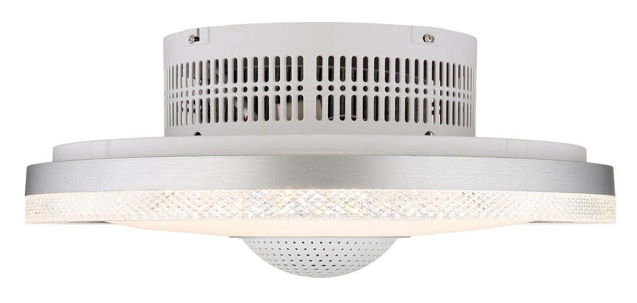 Moderner LED-Deckenventilator mit silbernem Gehäuse und kristallartigem Rand, seitliche Perspektive