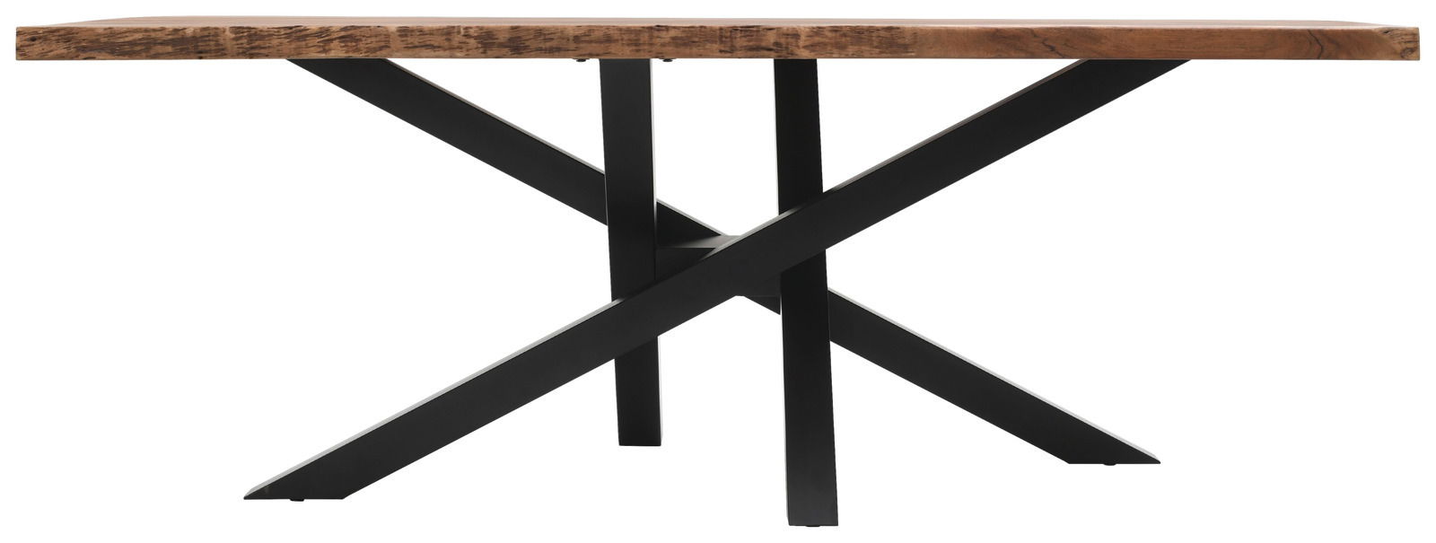 Moderner Esstisch mit rustikaler Holzplatte und schwarzem Metallgestell, Seitenansicht