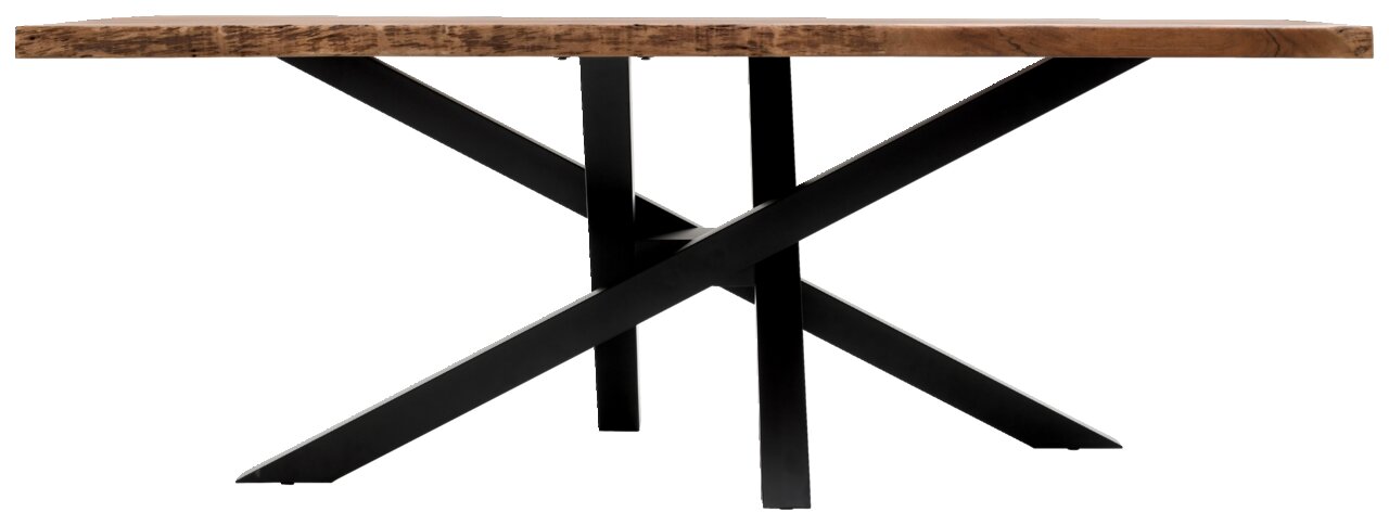 Moderner Esstisch mit rustikaler Holzplatte und schwarzem Metallgestell, Seitenansicht