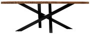 Moderner Esstisch mit rustikaler Holzplatte und schwarzem Metallgestell, Seitenansicht