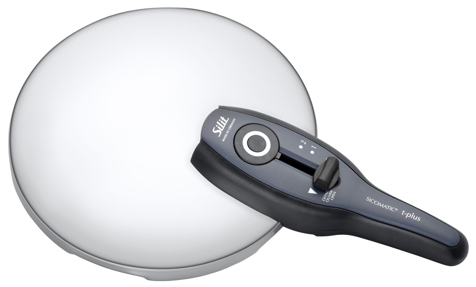 Draufsicht auf einen weißen Sicomatic t-Plus Schnellkochtopfdeckel mit schwarzem Griff und Druckregler.