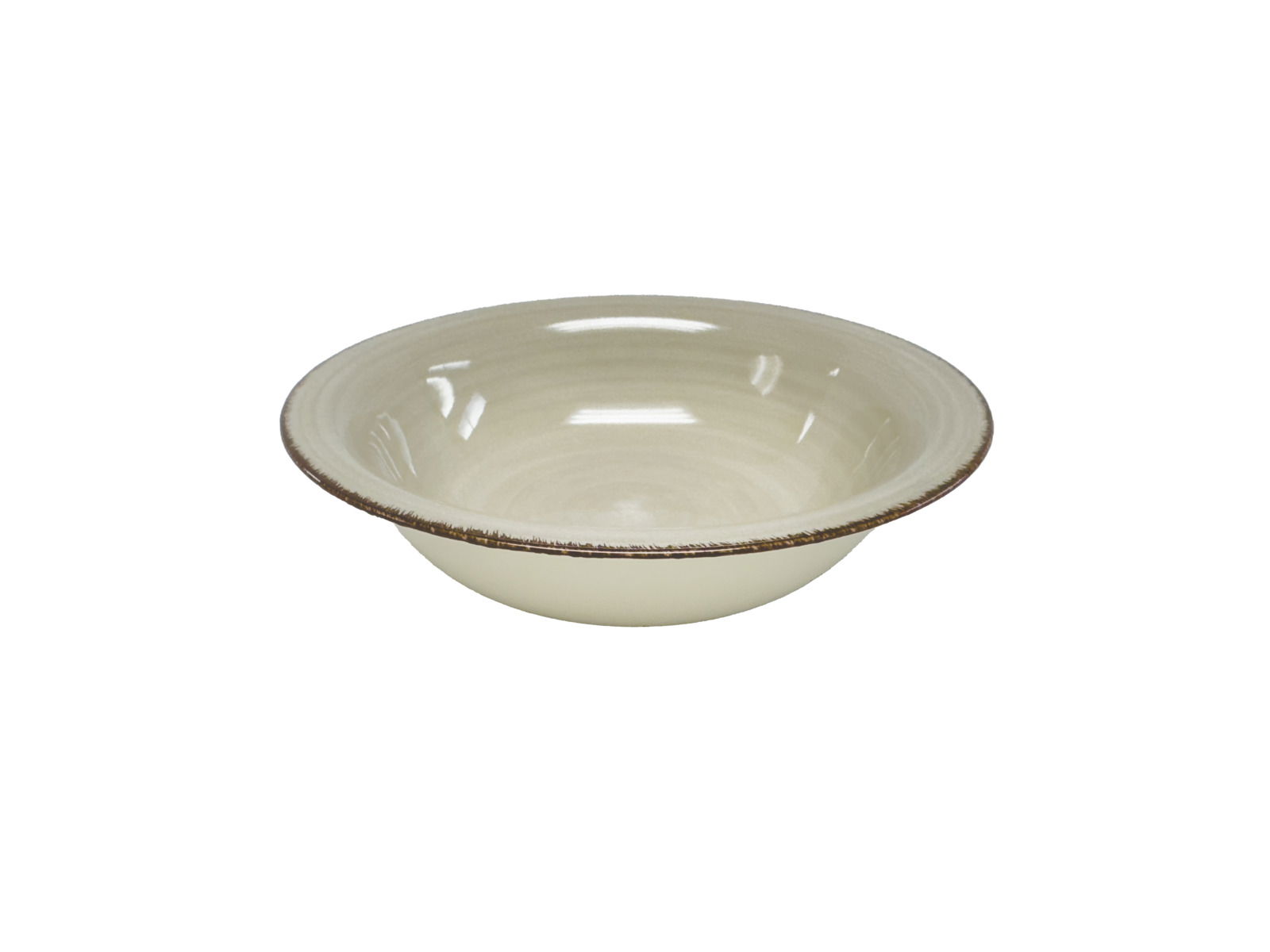 Keramikschale in Cremefarbe mit braunem Rand, seitliche Perspektive