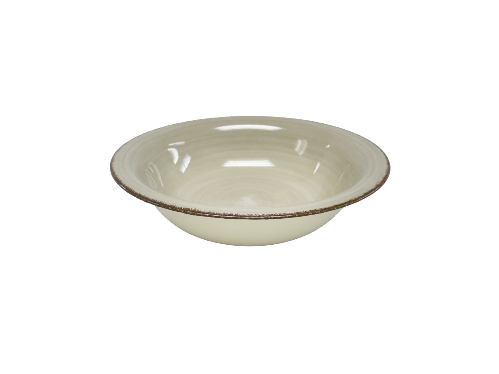 Keramikschale in Cremefarbe mit braunem Rand, seitliche Perspektive