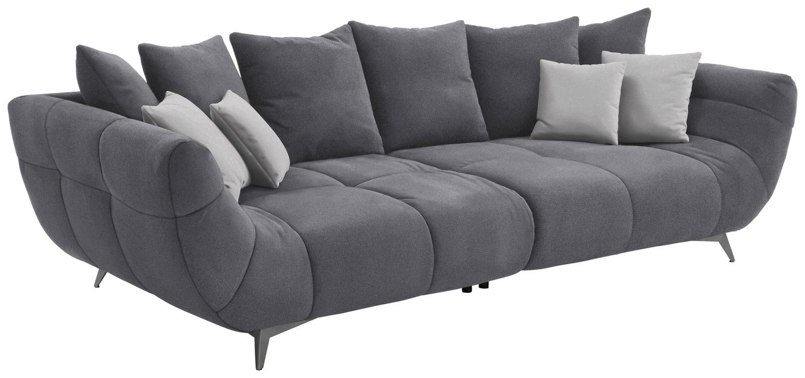 Großes, modernes Sofa in Dunkelgrau mit mehreren Kissen, seitliche Perspektive