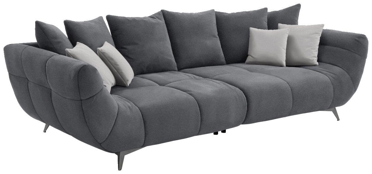 Hom´in Big Sofa FELLINI II. Großes, modernes Sofa in Dunkelgrau mit mehreren Kissen, seitliche Perspektive
