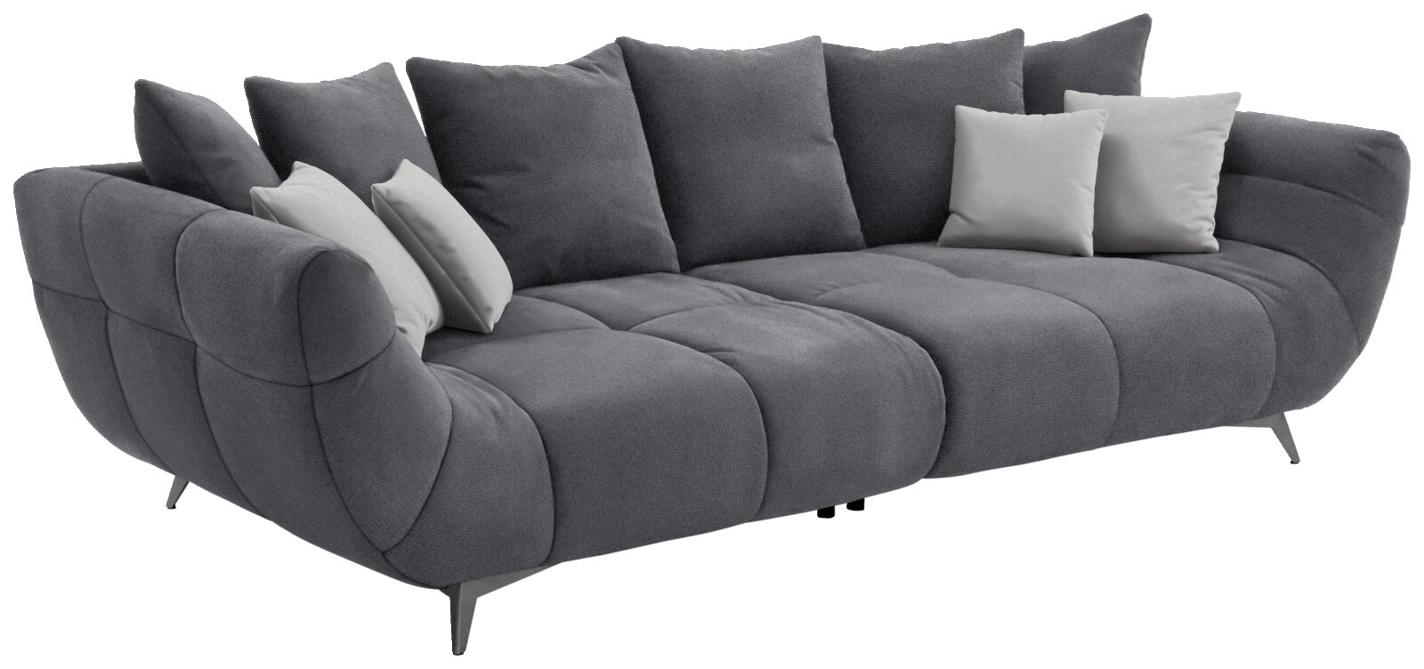 Hom´in Big Sofa FELLINI II. Großes, modernes Sofa in Dunkelgrau mit mehreren Kissen, seitliche Perspektive