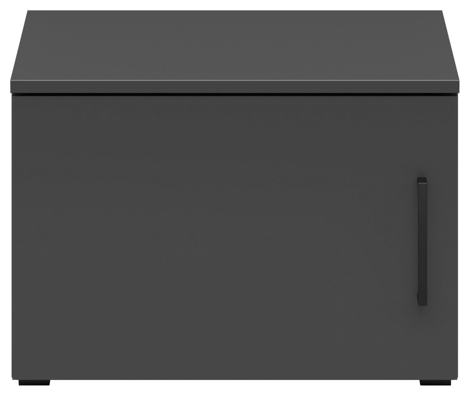 Schwarzer Aufsatzschrank mit einer Tür, Frontalansicht