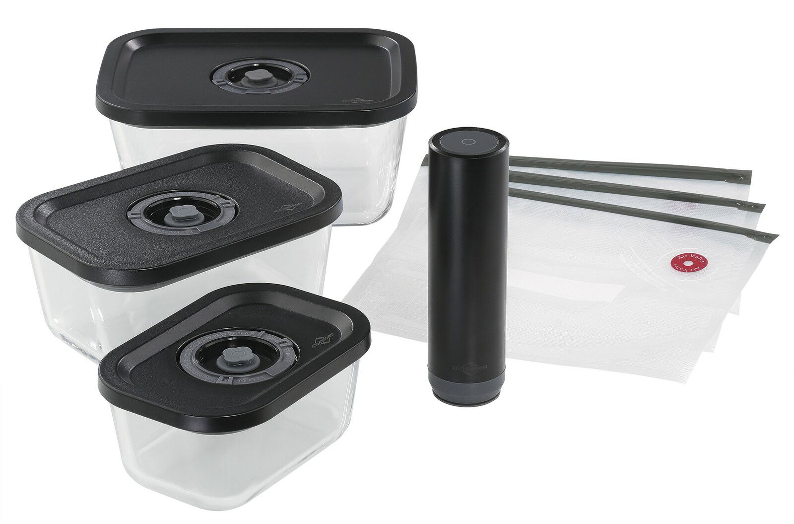 Vakuumier-Set EASYFRESH, 7-teilig, bestehend aus drei rechteckigen Behältern mit schwarzen Deckeln, einem schwarzen Vakuumiergerät und vier Vakuumbeuteln, aus der Vogelperspektive fotografiert.