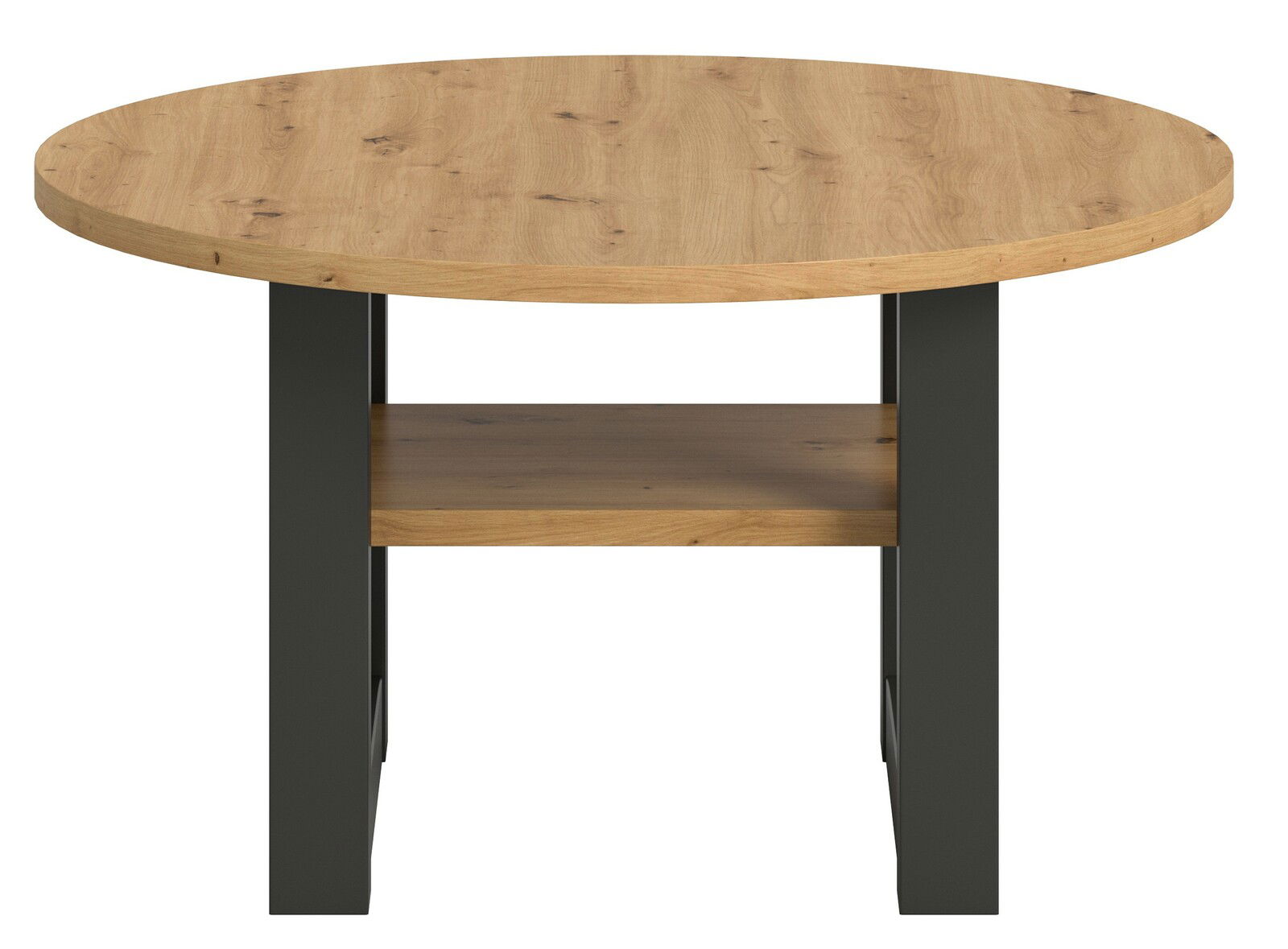 Runder Couchtisch aus Holz mit schwarzem Gestell, Frontalansicht