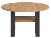 Runder Couchtisch aus Holz mit schwarzem Gestell, Frontalansicht