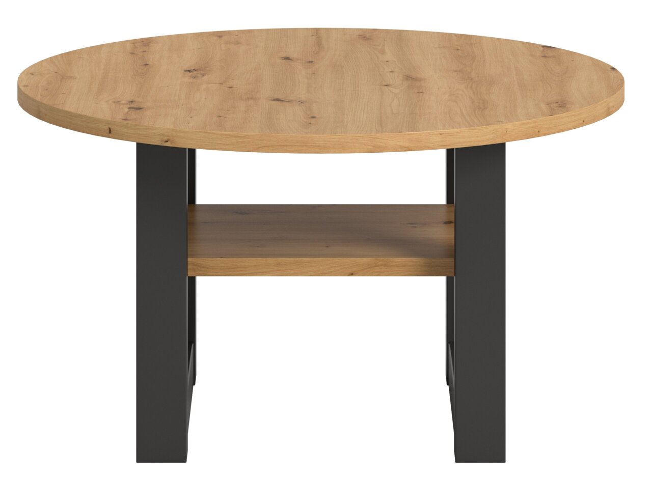 Runder Couchtisch aus Holz mit schwarzem Gestell, Frontalansicht