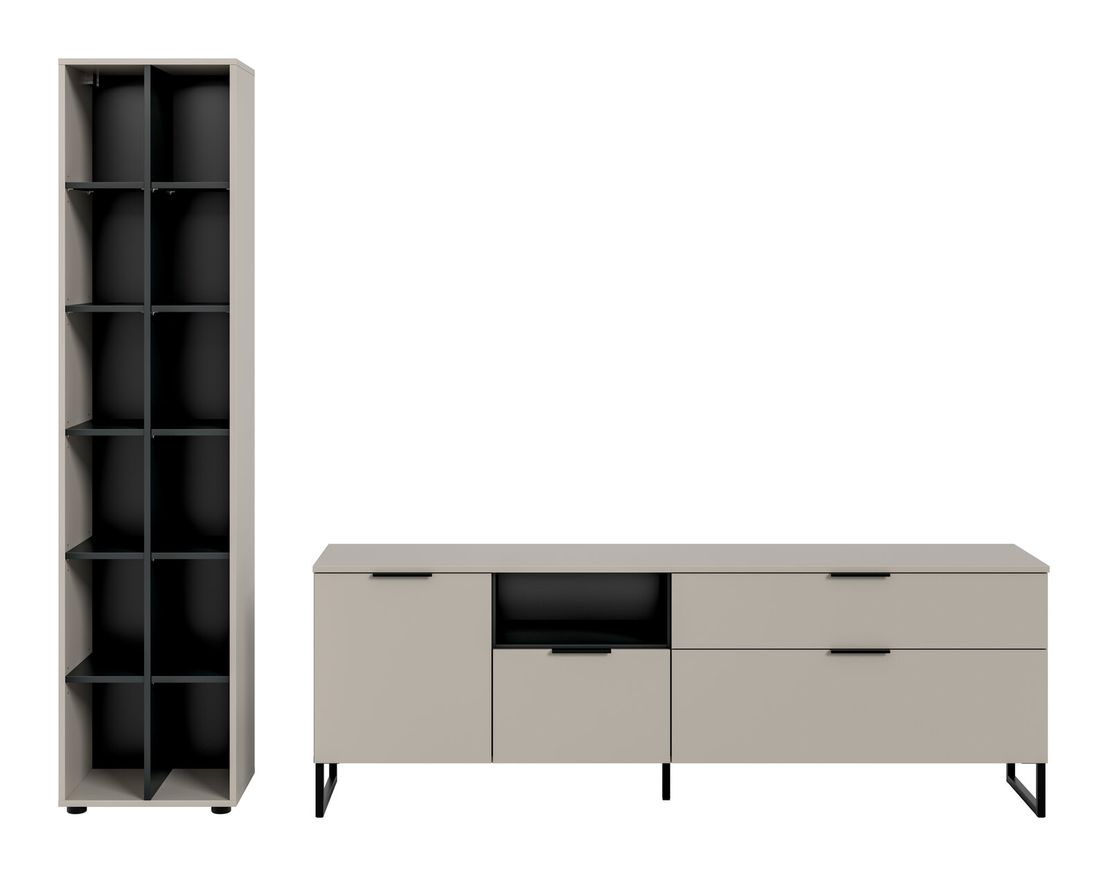 Modernes Möbel-Set aus hohem Regal und niedrigem Sideboard in Beige mit schwarzen Innenfächern, Griffen und Metallfüßen, freigestellt in frontaler Ansicht.