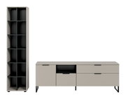 Modernes Möbel-Set aus hohem Regal und niedrigem Sideboard in Beige mit schwarzen Innenfächern, Griffen und Metallfüßen, freigestellt in frontaler Ansicht.