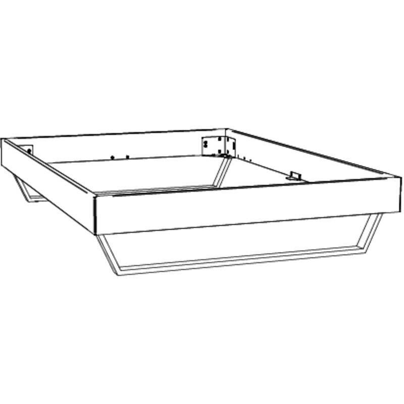Een eenvoudig, rechthoekig bedframe met metalen poten, in perspectief weergave schuin van linksvoor afgebeeld.