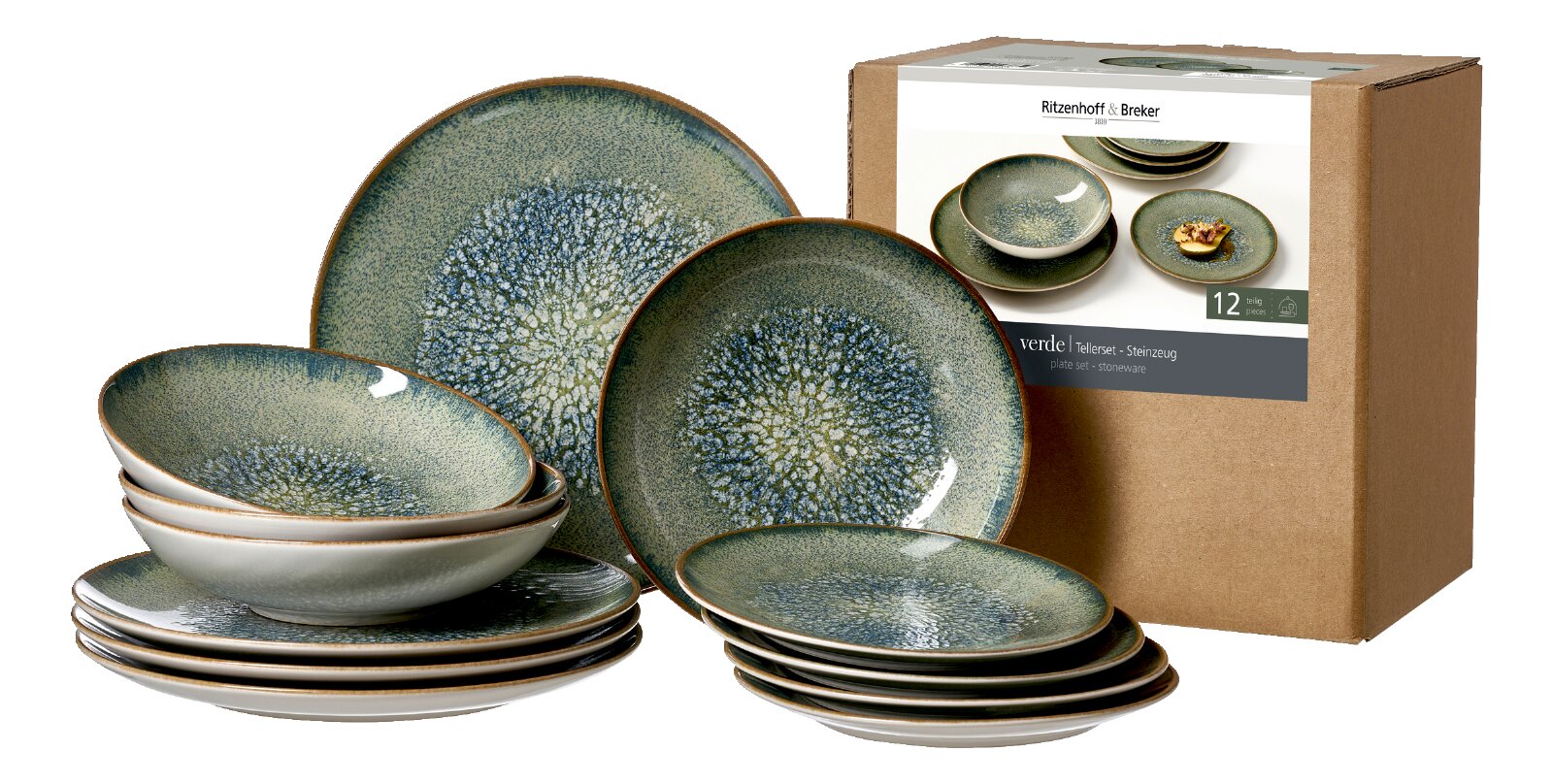 Ritzenhoff & Breker Verde 12-delig servies van groen-blauw steengoed met organisch glazuurpatroon, schuin van voren afgebeeld met borden, kommen en verpakking