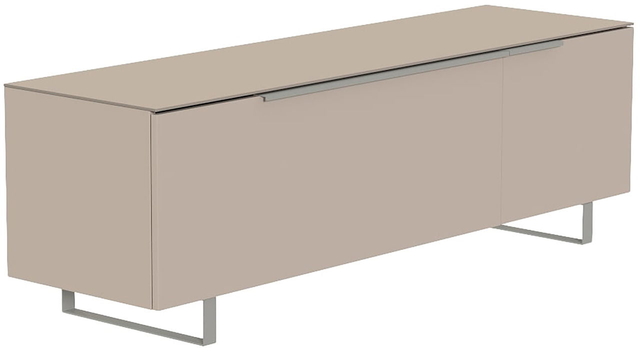 Modernes TV-Lowboard in Beige mit Metallfüßen, seitliche Perspektive