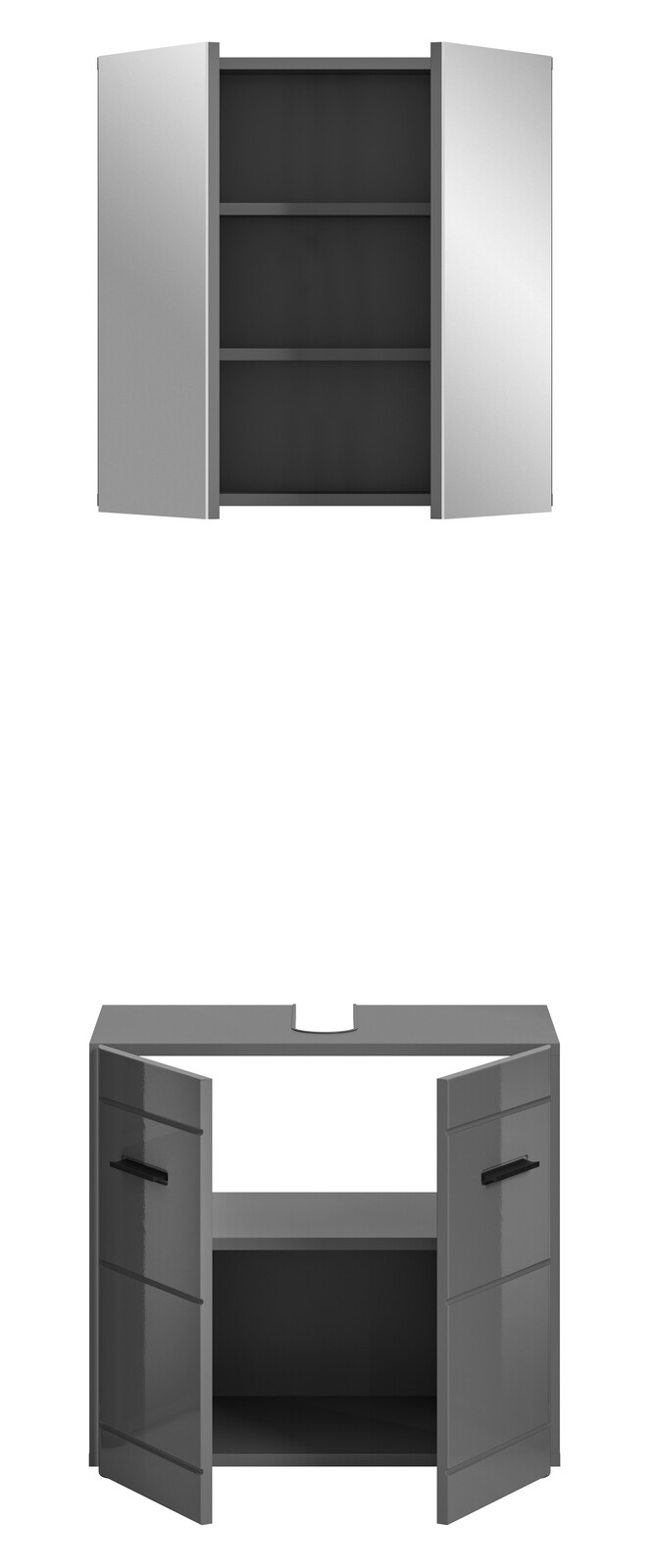 Frontale Ansicht einer Badkombination mit einem Hängeschrank mit Spiegeltüren und einem Unterschrank mit grauen Türen.