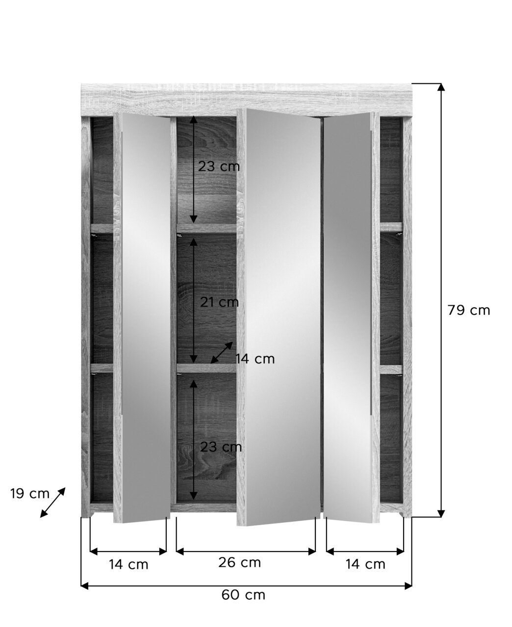 Spiegelschrank mit drei Türen, Holzoptik, Maße: 79 cm hoch, 60 cm breit, 19 cm tief, Frontansicht