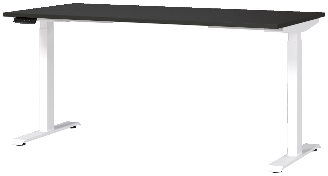 Moderner E-Schreibtisch 160x80 cm mit schwarzer Tischplatte und weißem Gestell, seitliche Perspektive