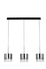 Moderne LED-Hängeleuchte mit drei zylindrischen, metallischen Schirmen, frontal abgebildet.