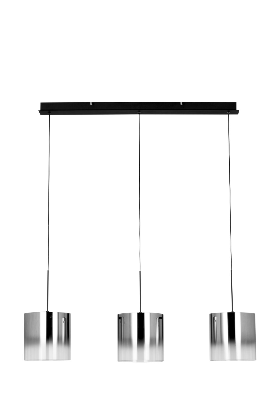Moderne LED-Hängeleuchte mit drei zylindrischen, metallischen Schirmen, frontal abgebildet.