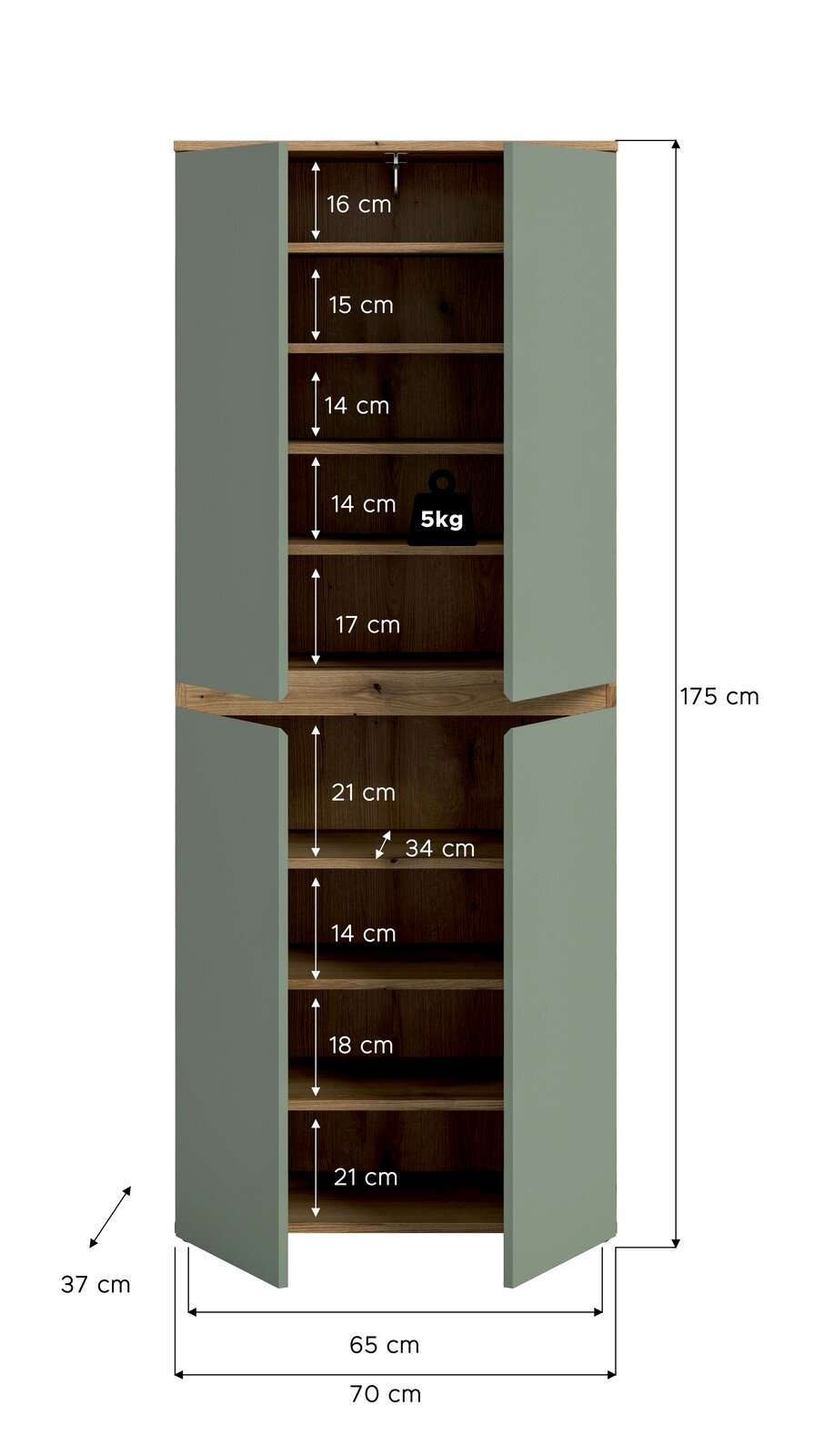 Geöffneter zweitüriger Hochschrank in Salbeigrün mit Holzoptik innen, mehrere Einlegeböden und Maßangaben (H 175 cm, B 70 cm, T 37 cm), Frontansicht.