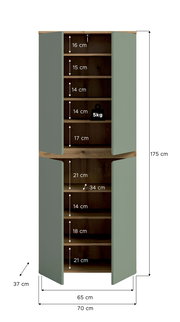 Geöffneter zweitüriger Hochschrank in Salbeigrün mit Holzoptik innen, mehrere Einlegeböden und Maßangaben (H 175 cm, B 70 cm, T 37 cm), Frontansicht.
