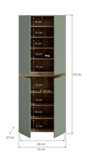 Geöffneter zweitüriger Hochschrank in Salbeigrün mit Holzoptik innen, mehrere Einlegeböden und Maßangaben (H 175 cm, B 70 cm, T 37 cm), Frontansicht.