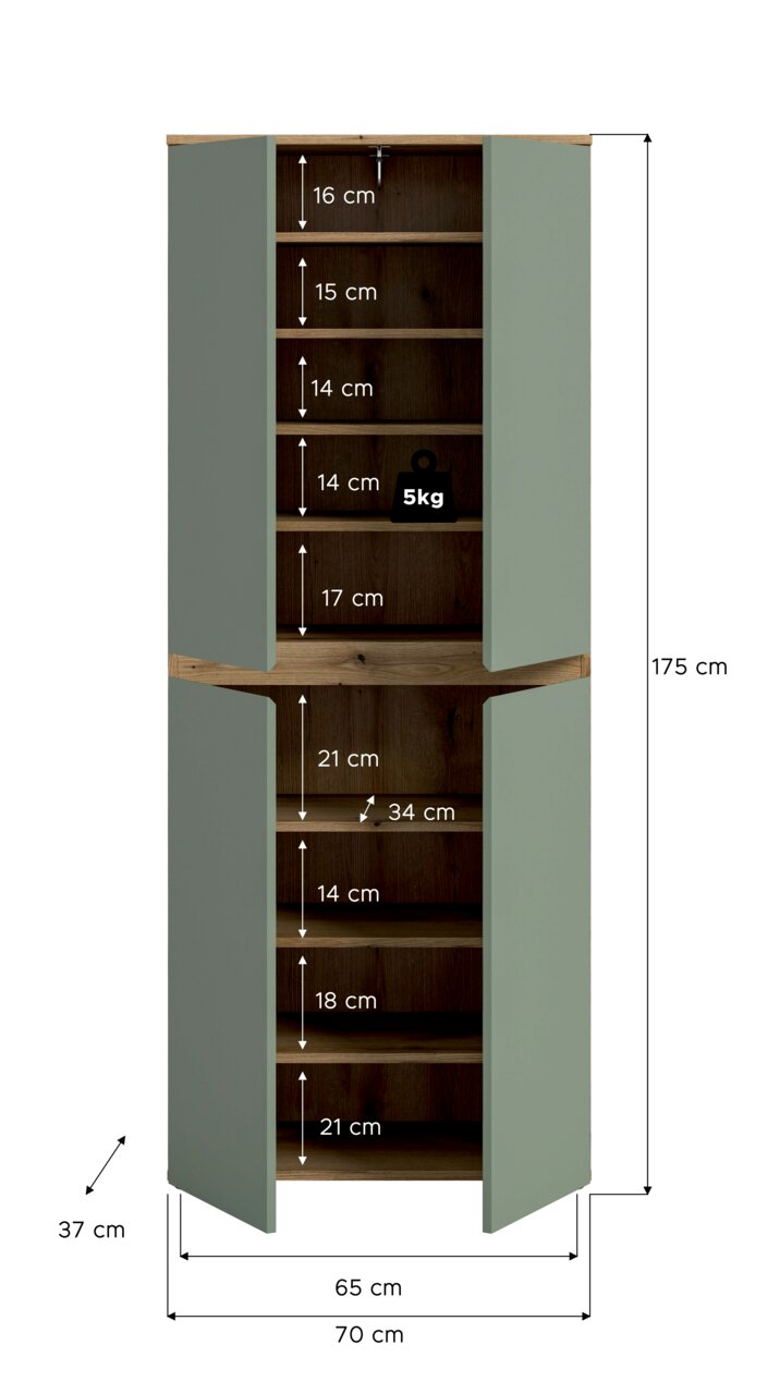 Geöffneter zweitüriger Hochschrank in Salbeigrün mit Holzoptik innen, mehrere Einlegeböden und Maßangaben (H 175 cm, B 70 cm, T 37 cm), Frontansicht.